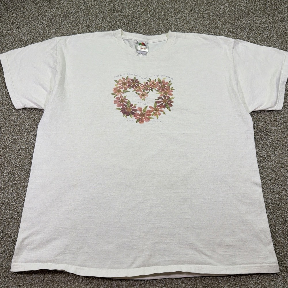 Vintage Jesus Tee Psalm 51:10 Heart Floral Print Shirt Size XXL 90s White